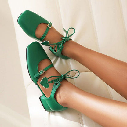 Green Women's Square Toe Block Heels Vintage Loafers Lace Up Pumps