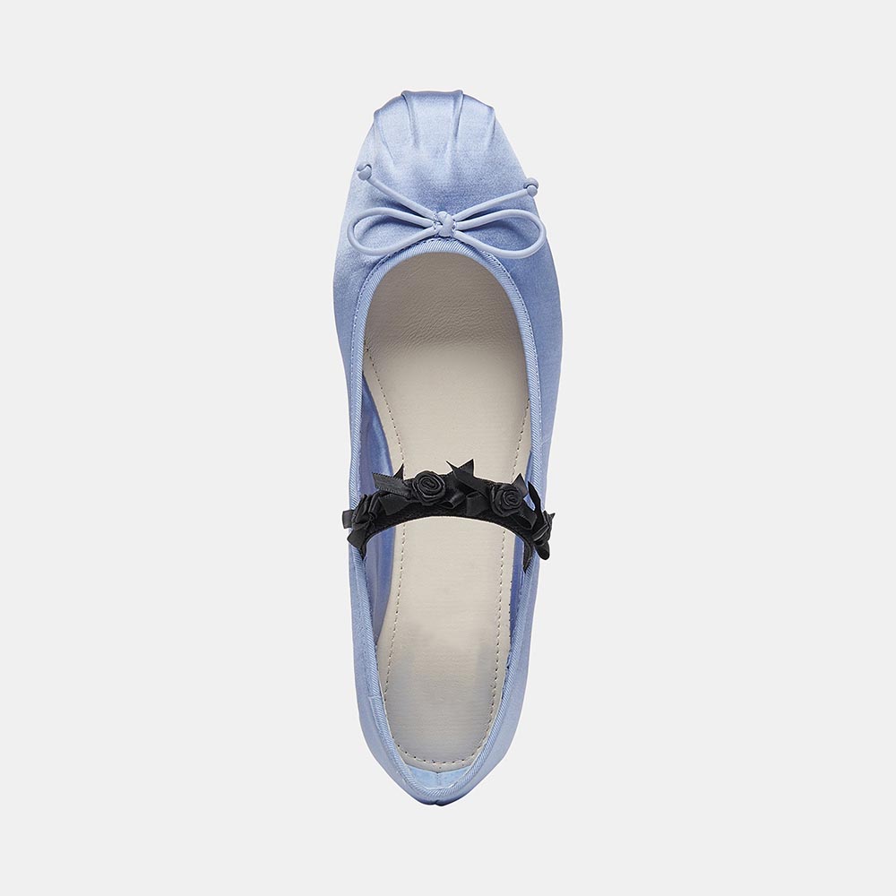 Light Blue Satin Pleated Square Toe Bow Ballet Flats with A Strap