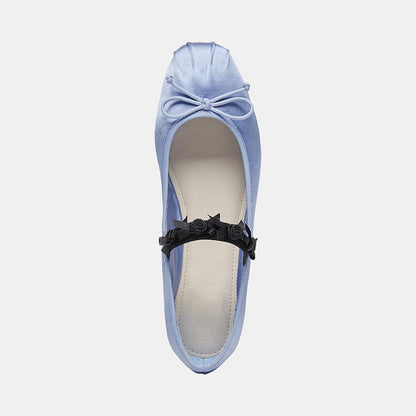 Light Blue Satin Pleated Square Toe Bow Ballet Flats with A Strap