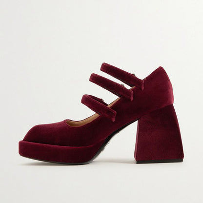 Maroon Velvet Square Toe Chunky Heel Platform Loafers