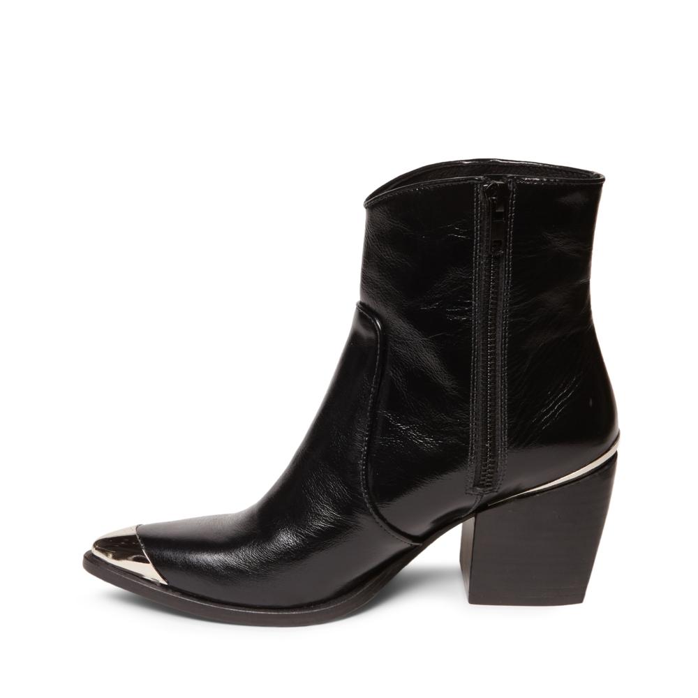 Black Pointed Toe Chunky Heel Side Zipper Western Ankle Boots