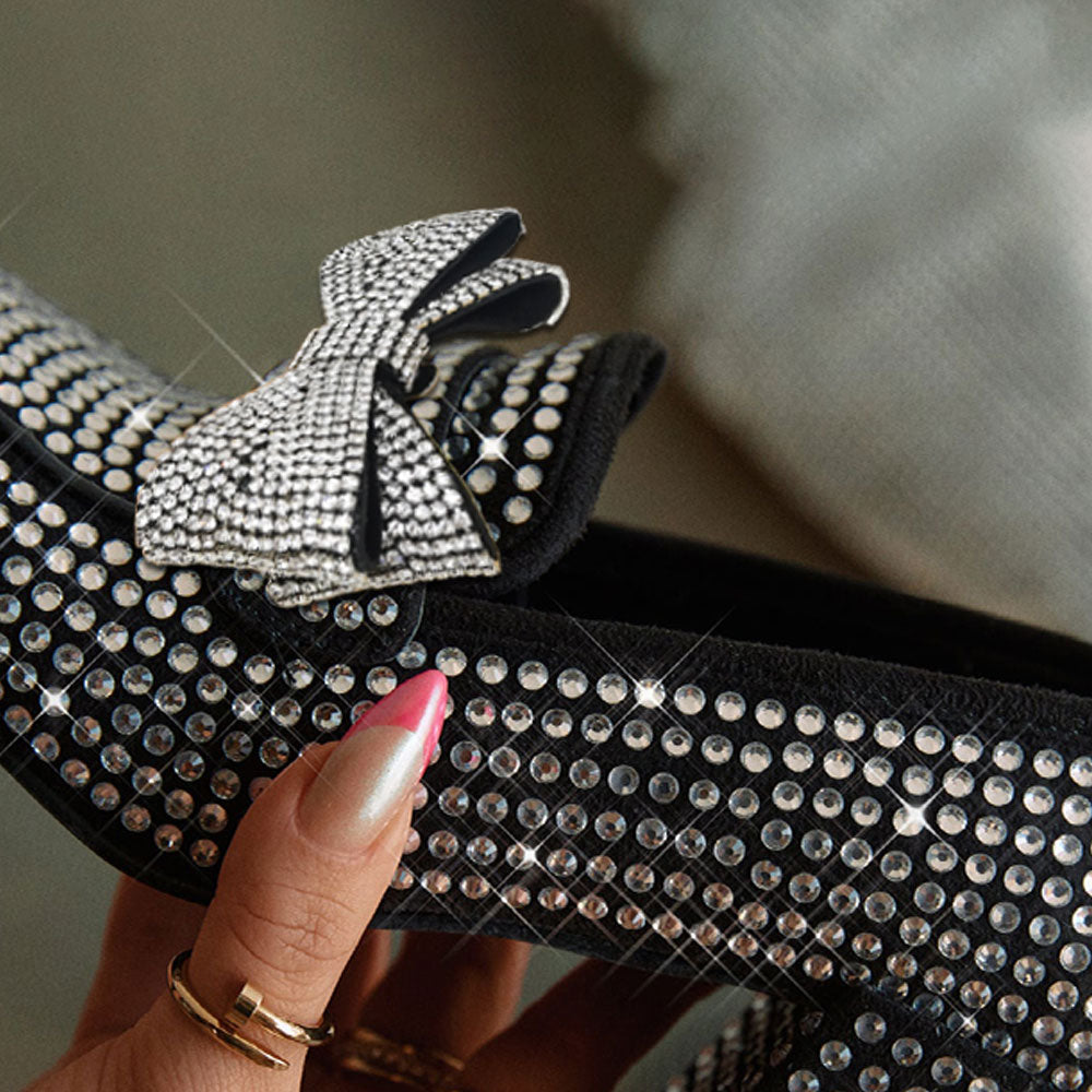 Black Square Toe Rhinestone Loafers Bow Decorated Block Heel Pumps