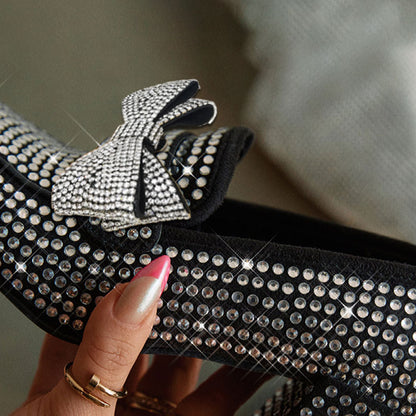 Black Square Toe Rhinestone Loafers Bow Decorated Block Heel Pumps