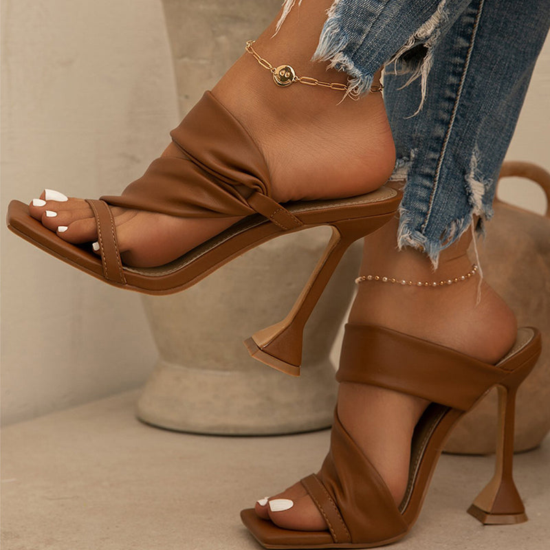 Women's Brown Square Toe Strappy Flared Heel Mules Shoes