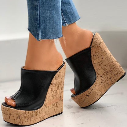 Women's Black Heel Shoes Peep Toe Wide Band Wedge Platform Mules