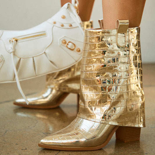 Gold Metallic Croco Embossed Pointy Toe Fold Over Cowgirl Boots