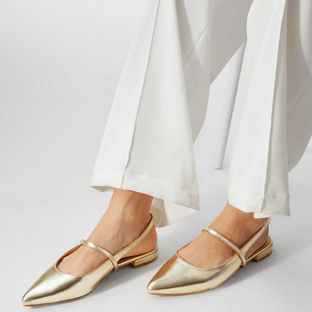 Gold Metallic Shoes Pointed Toe Slingback Flats with Elastic Strap