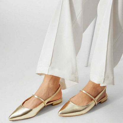 Gold Metallic Shoes Pointed Toe Slingback Flats with Elastic Strap