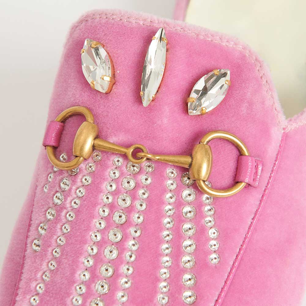 Pink Velvet Crystal Embellished Mule Loafers with Gold Hardware Decor