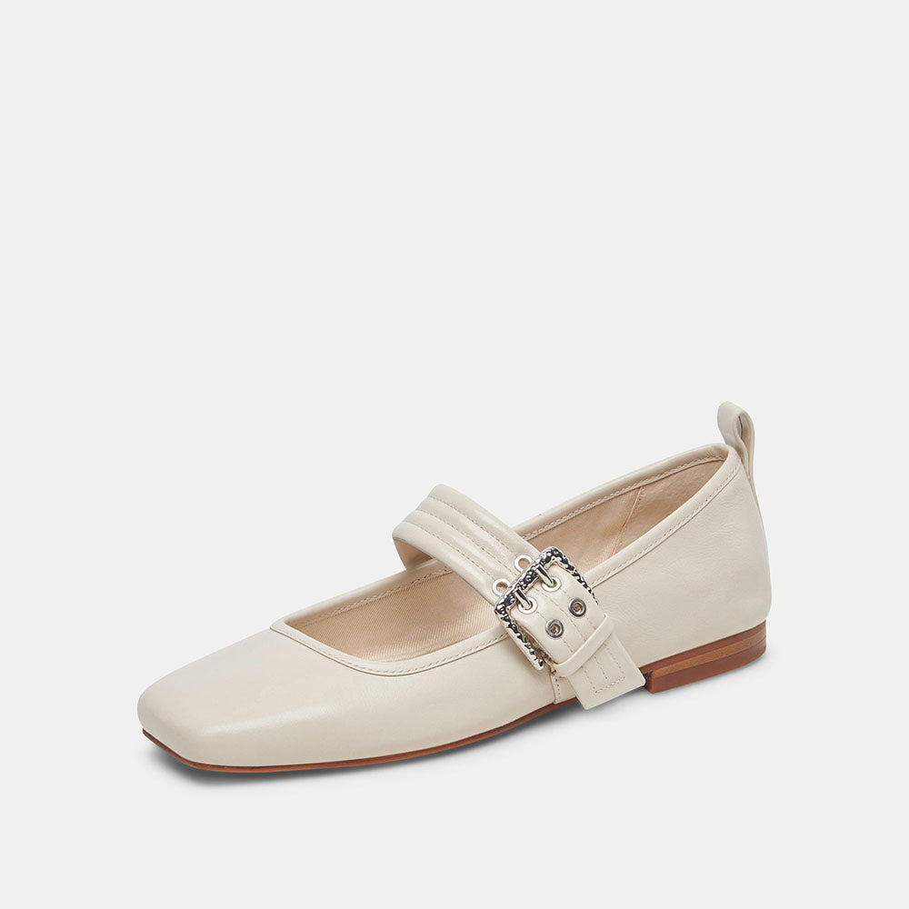 Ivory Patent Leather Square Toe Mary Jane Ballet Flats with Buckle