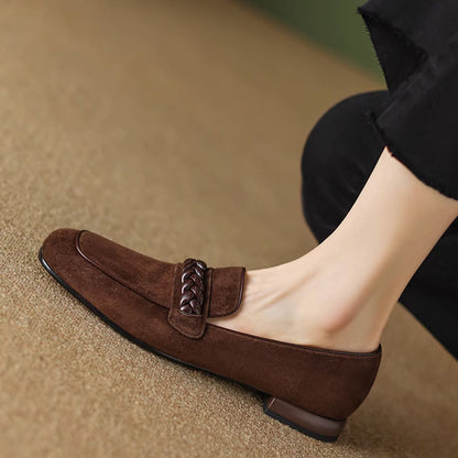 Brown Vegan Suede Square Toe Chunky Heel Chain Loafers