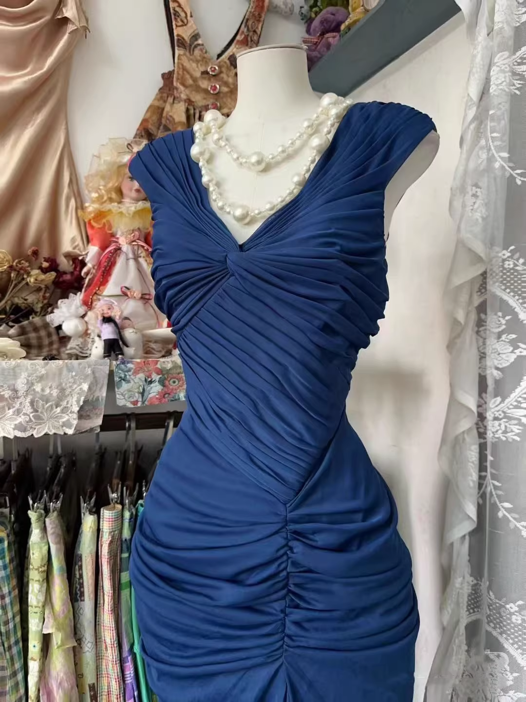 Vintage Navy Blue Ruched Sleeveless Maxi Prom Dress Sheath Evening Gown TP5154