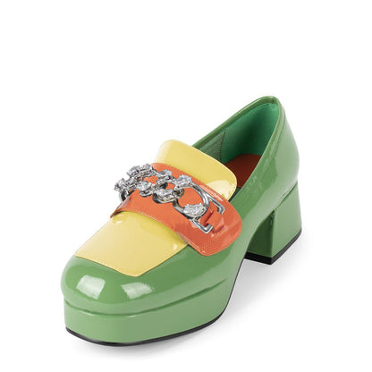 Multicolor Patent Leather Chain Buckle Chunky Heel Platform Loafers