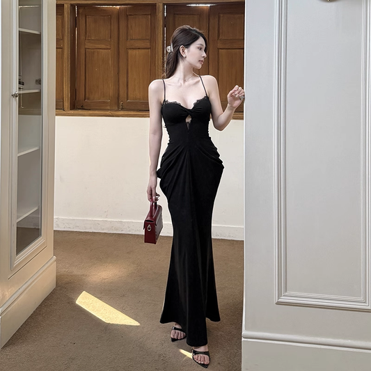 Enchanting Black Sweetheart Spaghetti Strap Pleated Mermaid Prom Dress Evening Dress TP4349