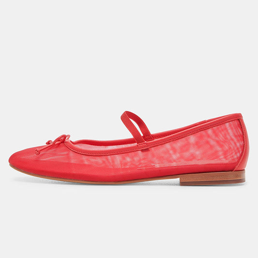 Red Mesh Round Toe Strappy Comfortable Ballet Flats with Bow