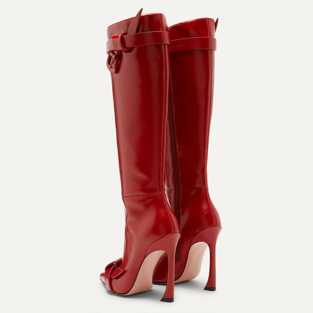 Striking Red Pointy Toe 4 Inch Heel Knee High Boots with Buckle Knots