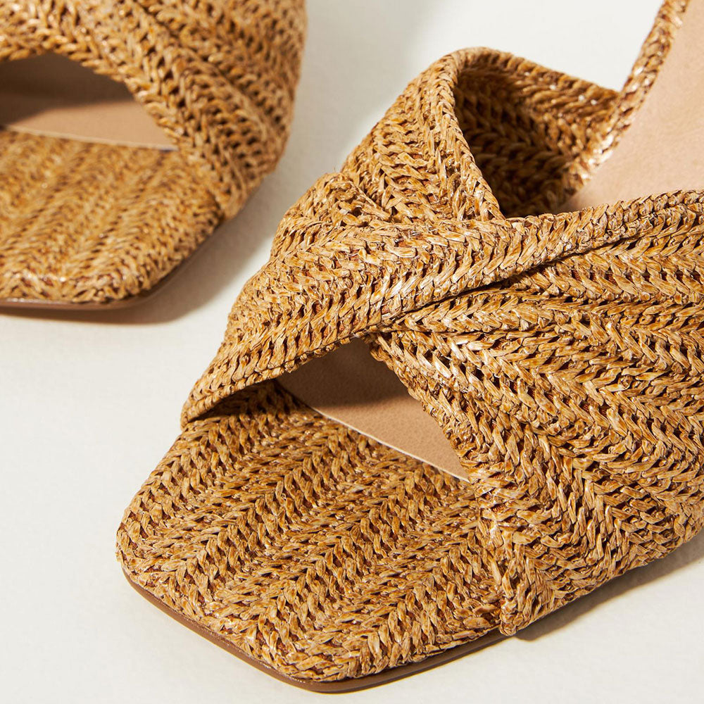 Woven Raffia Square Toe Twist Band Wedge Heel Mules Sandals in Brown