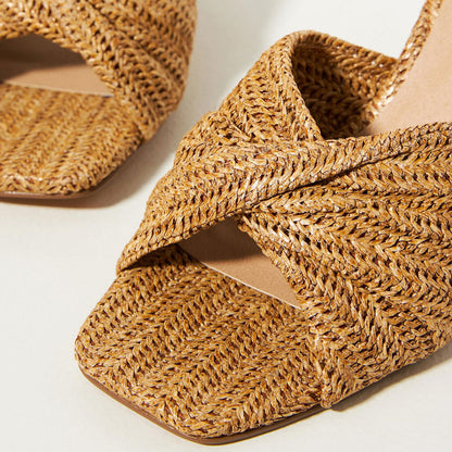 Woven Raffia Square Toe Twist Band Wedge Heel Mules Sandals in Brown