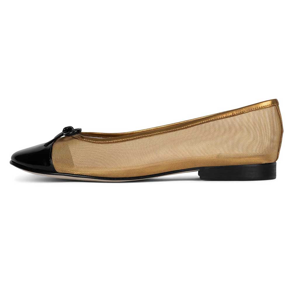 Black & Gold Mesh Round Toe Ballet Flats with Bow