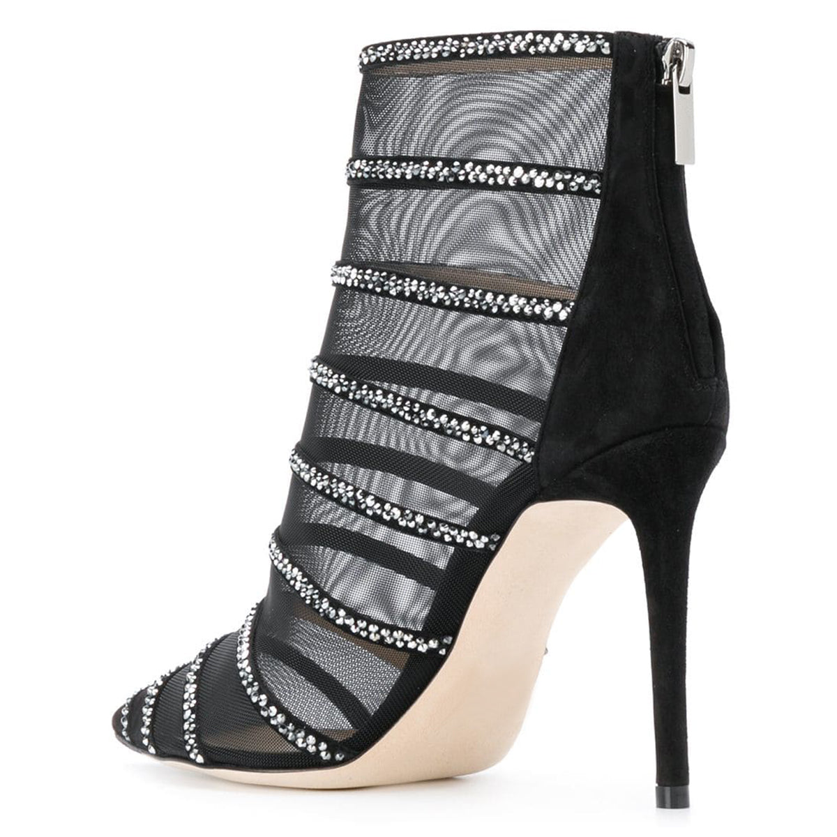 Black Mesh Ankle Boots Pointed Toe Rhinestone Stiletto Heel Booties