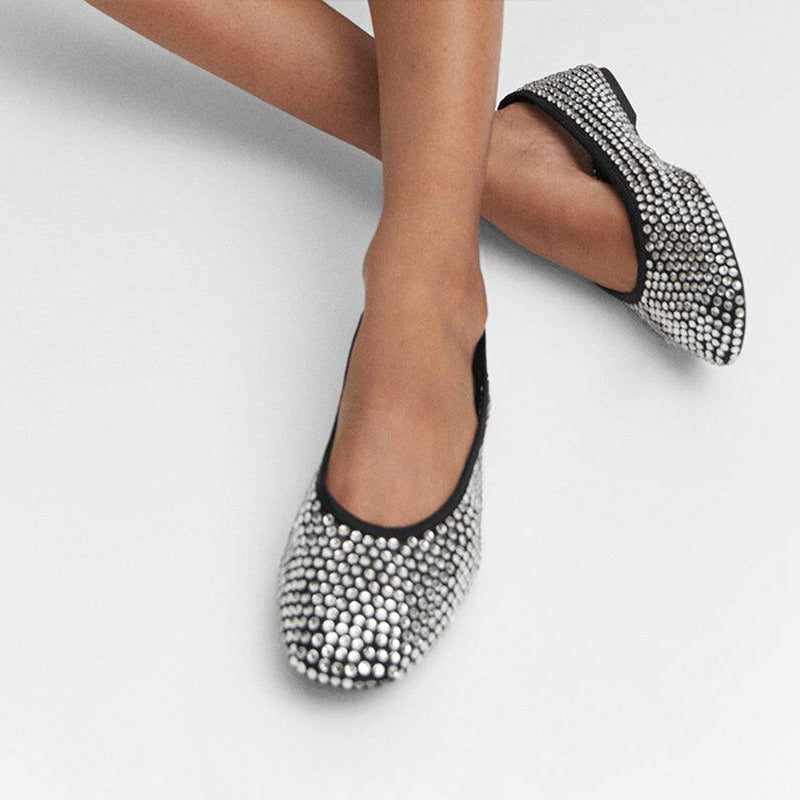 FSJ Black Round Toe Comfy Rhinestone Ballet Flats