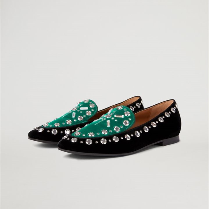 Green and Black Rhinestone Decor Flat Women's Loafers