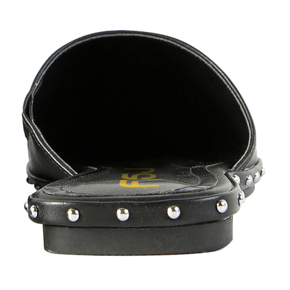 Women's Black Pointed Toe Studded Comfortable Flat Mules