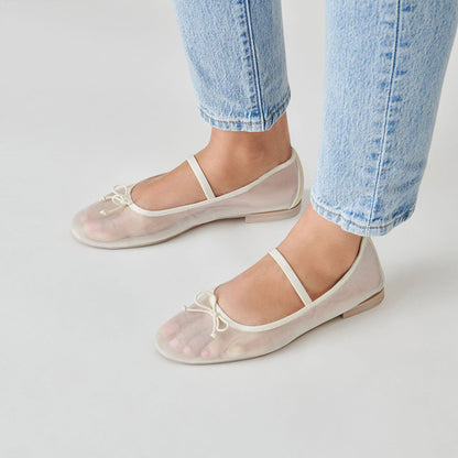 FSJ Comfortable White Mesh Round Toe Bow Decor Ballet Flats