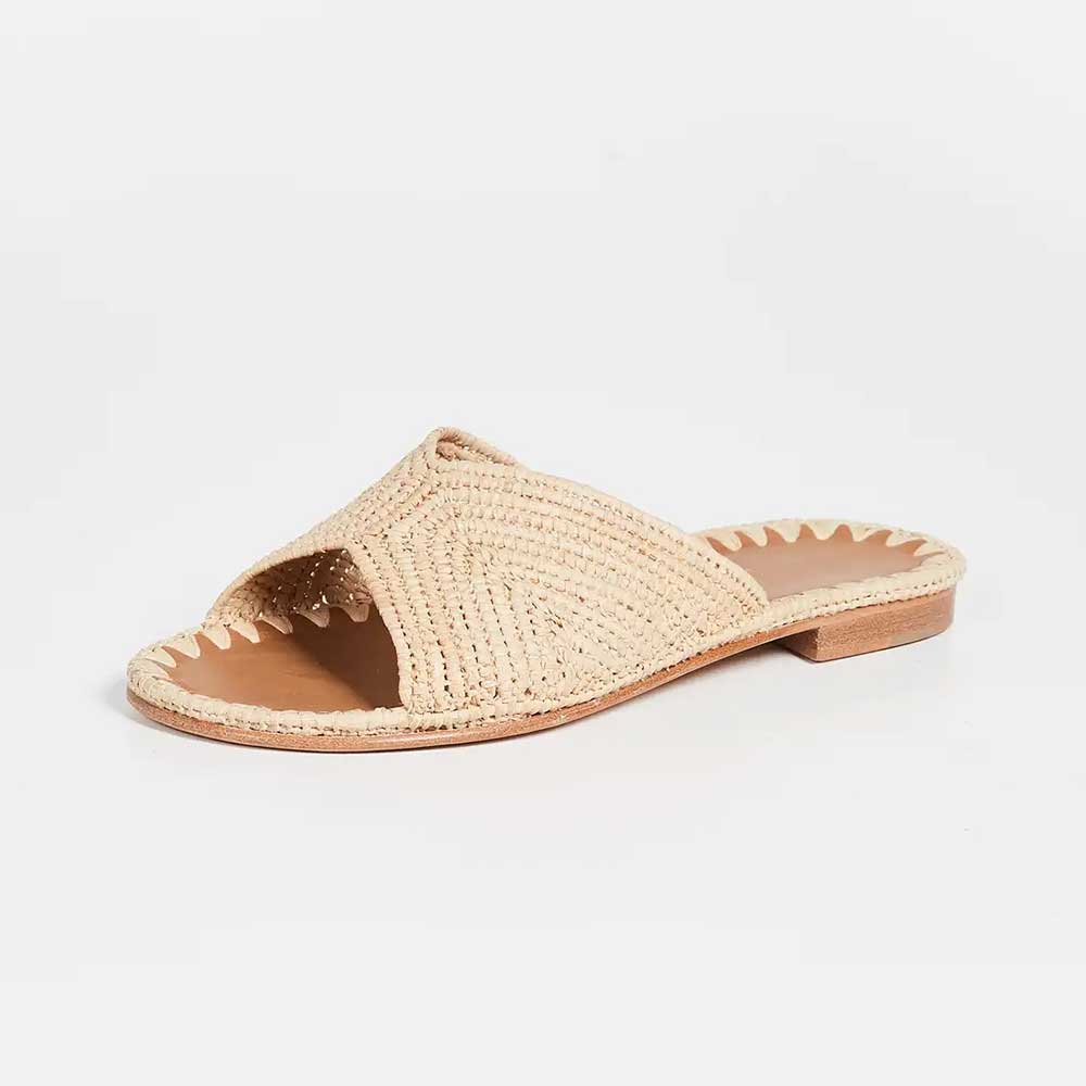 Slip-On Nude Woven Raffia Open Toe Flat Slide Sandals for Women