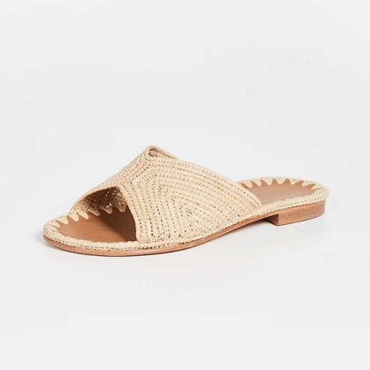 Slip-On Nude Woven Raffia Open Toe Flat Slide Sandals for Women