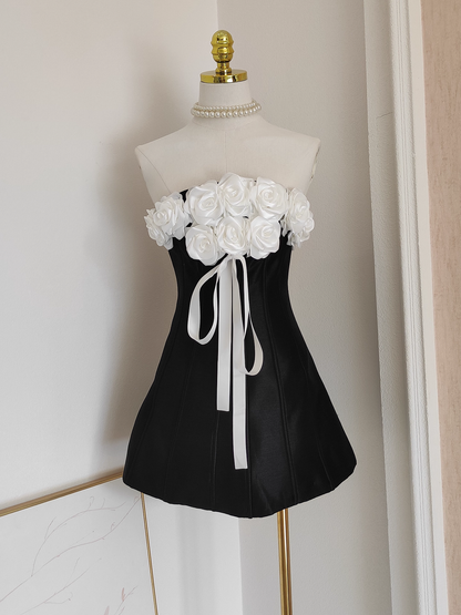 Vintage 3D Flowers Strapless A-Line Lace-up Satin Homecoming Dress Party Dress Short Cocktail Dress TP4844