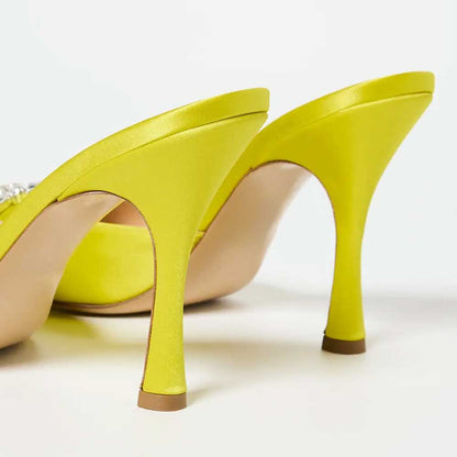Yellow Square Toe Crystal Embellished Spool Heel Women's Mules Shoes