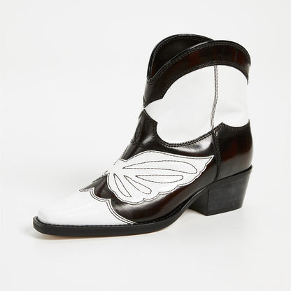 Black and White Block Heels Cowgirl Boots Square Toe Ankle Boots