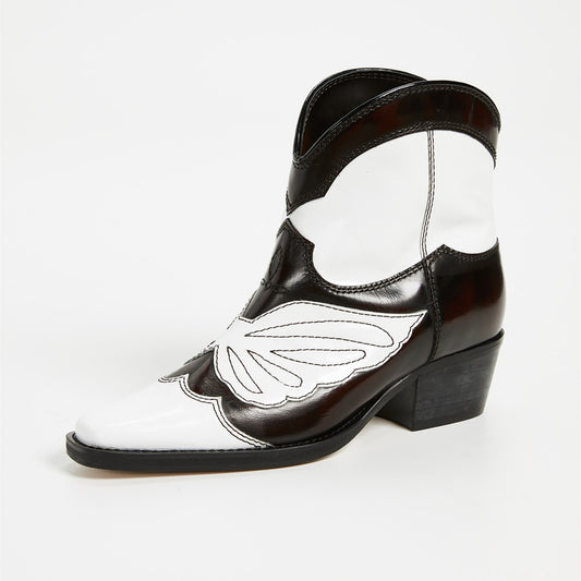 Black and White Block Heels Cowgirl Boots Square Toe Ankle Boots