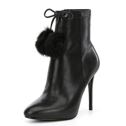 Black Stiletto Heels Pom Poms Lace Up Pointed Toe Ankle Boots