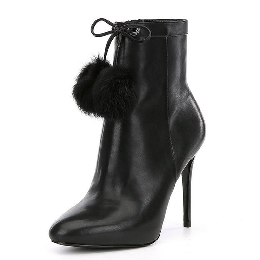 Black Stiletto Heels Pom Poms Lace Up Pointed Toe Ankle Boots