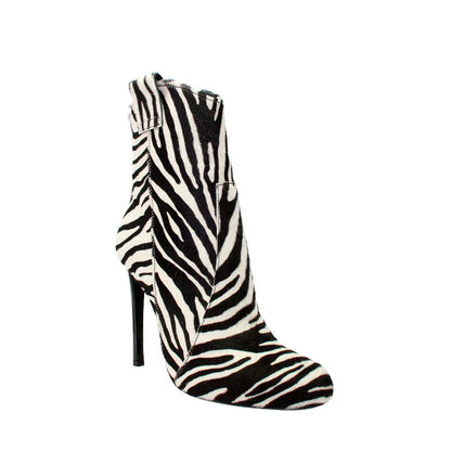 Black and White Zebra Print Stiletto Heel Round Toe Ankle Boots