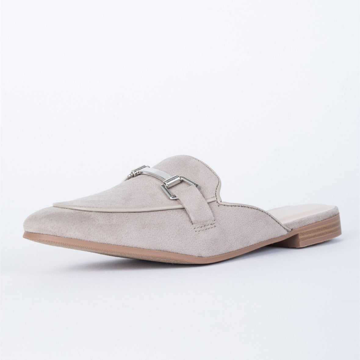 Grey Vegan Suede Round Toe Horsebit Flat Mule Loafers for Women