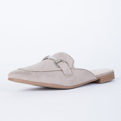 Grey Vegan Suede Round Toe Horsebit Flat Mule Loafers for Women