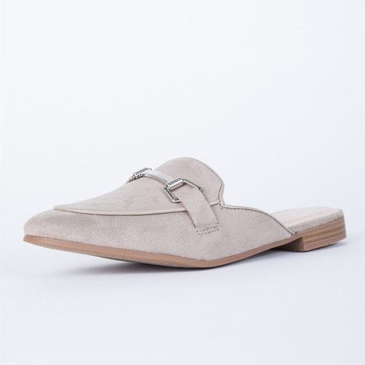 Grey Vegan Suede Round Toe Horsebit Flat Mule Loafers for Women
