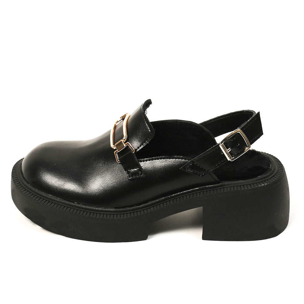 Women's Black Round Toe Metal Decorated Slingback Chunky Loafers