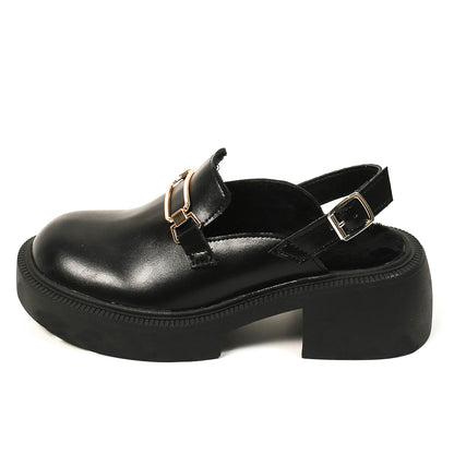 Women's Black Round Toe Metal Decorated Slingback Chunky Loafers