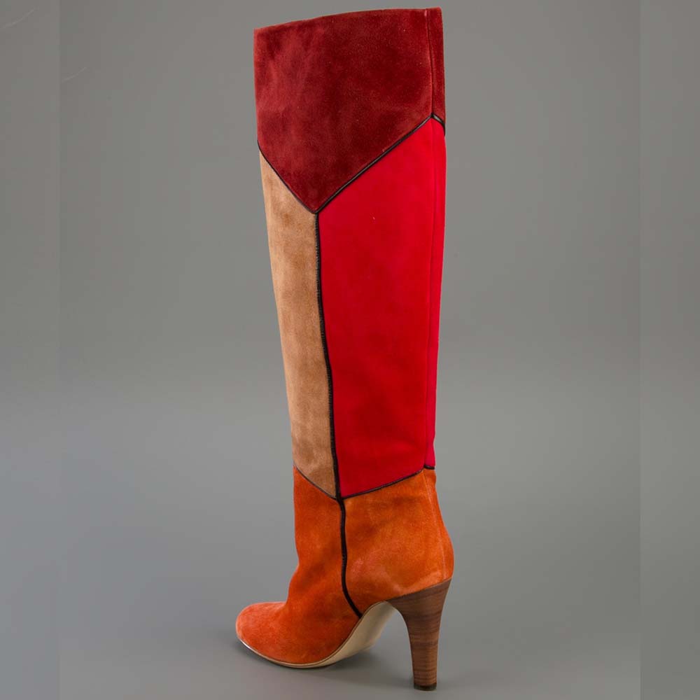Color Block Vegan Suede Chunky Heel Knee High Boots for Women