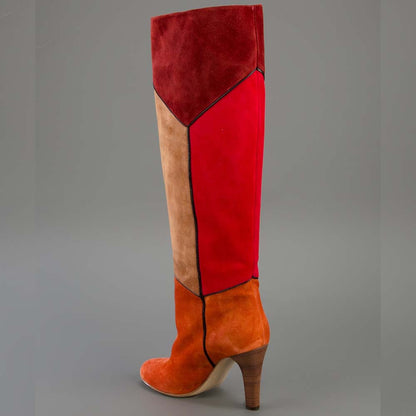 Color Block Vegan Suede Chunky Heel Knee High Boots for Women