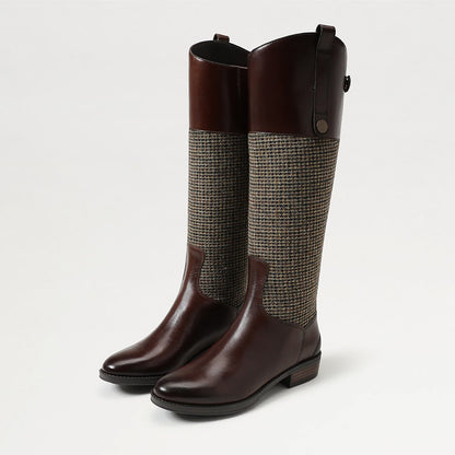 Brown Patchwork Round Toe Chunky Heel Zipper Riding Knee High Boots