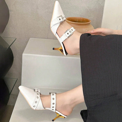 White Pointed Toe Kitten Heel Studded Mules