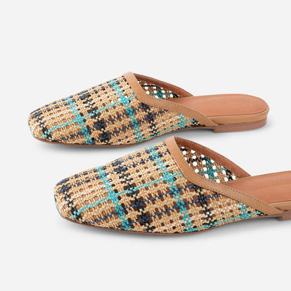 Colorful Woven Square Toe Cut-Out Flat Mule Shoes for Women