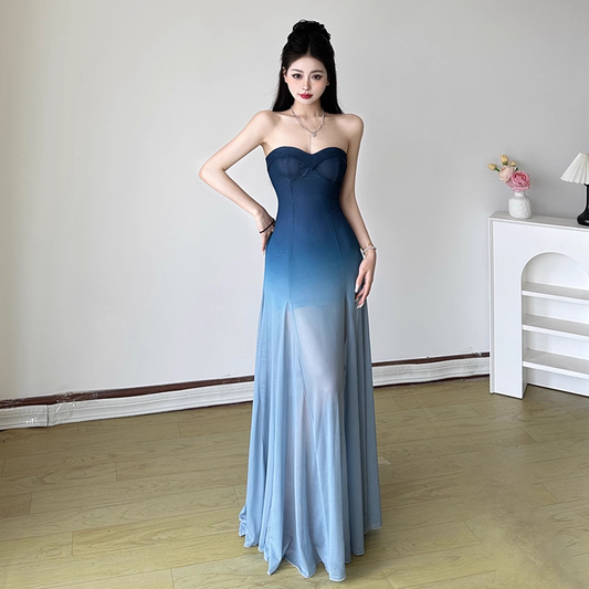 Simple Gradient Blue Sweetheart Strapless A-Line Summer Dresses Prom Dress Evening Dress TP4333