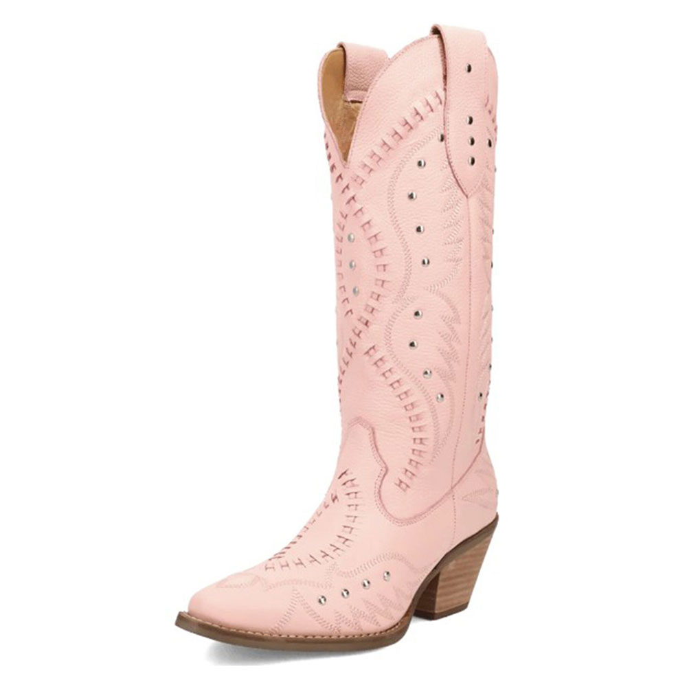 Chic Woven Details Chunky Heel Tall Pink Cowboy Boots with Studs