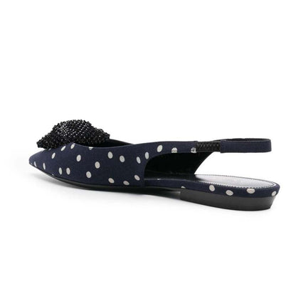 Black And White Polka Dot Mules With Slingback Rhinsetone Bow Flats